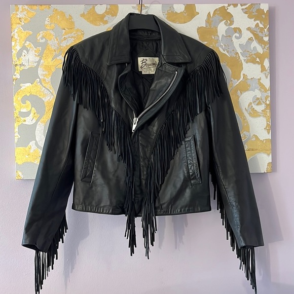 Bermans Jackets & Blazers - BERMAN’S Vintage Black Leather Moto Fringe Jacket Size 40